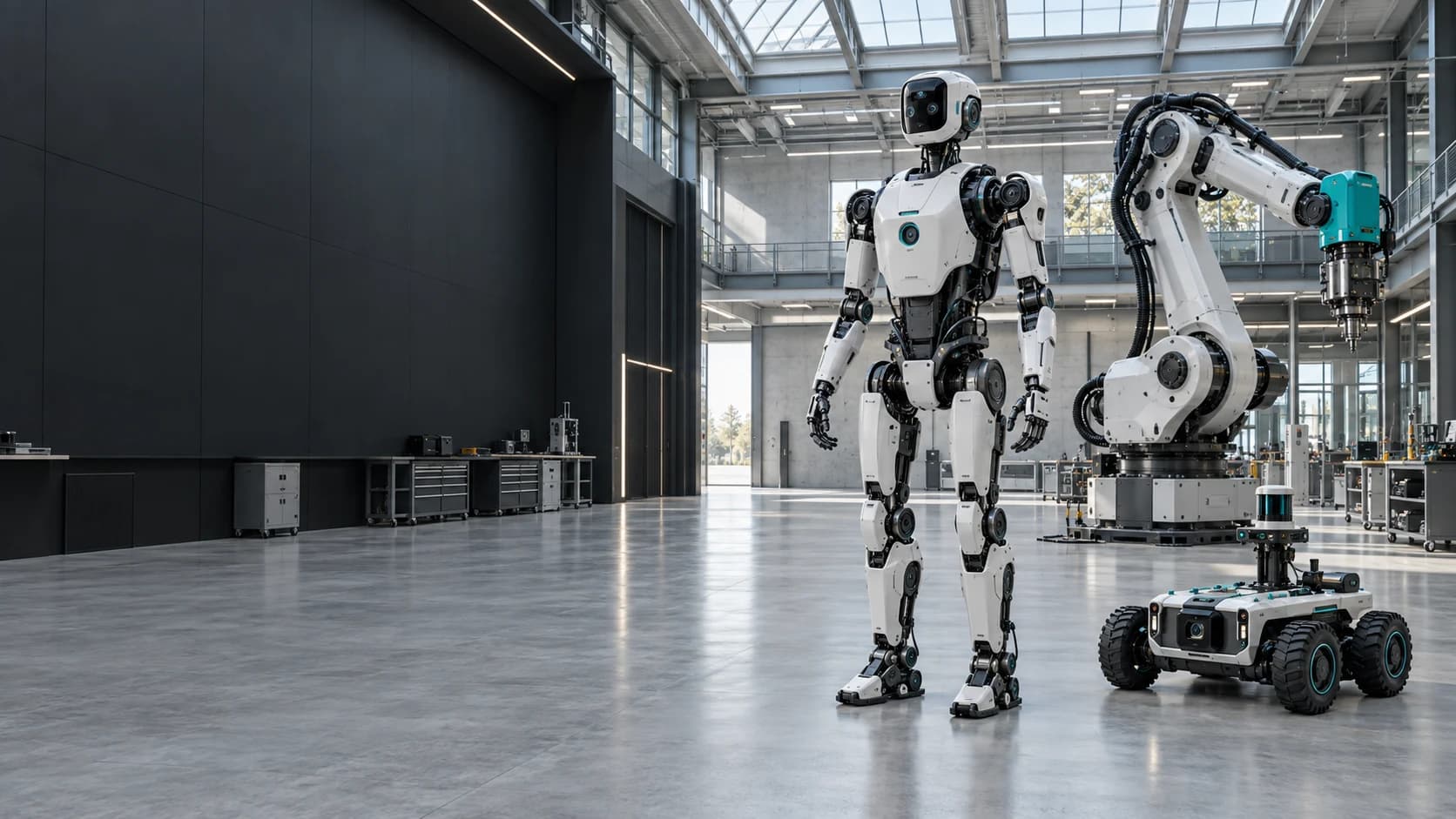 Concept illustration of mobile robots and an industrial robot arm in a facility