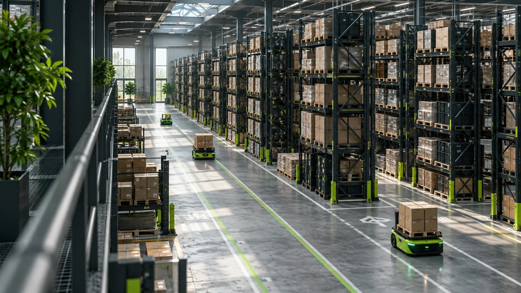 Concept view of an automated warehouse with organised storage racks and mobile material handling robots